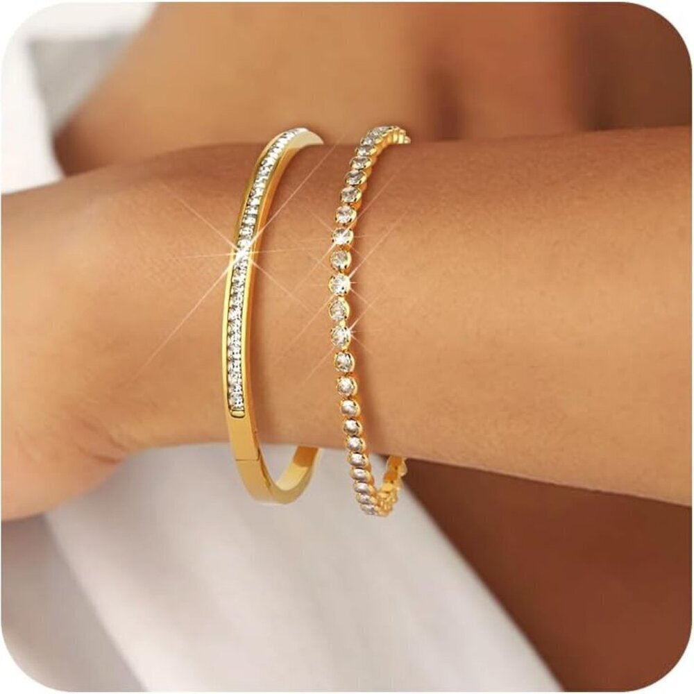 Gold Bracelets Set Stainless Steel 6.5-7.5 Accent Zirconia Elegant Jewelry
